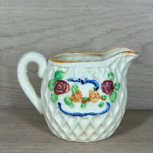 Vintage Japanese Creamer Pitcher With Floral Design & Textured Diamond Pattern